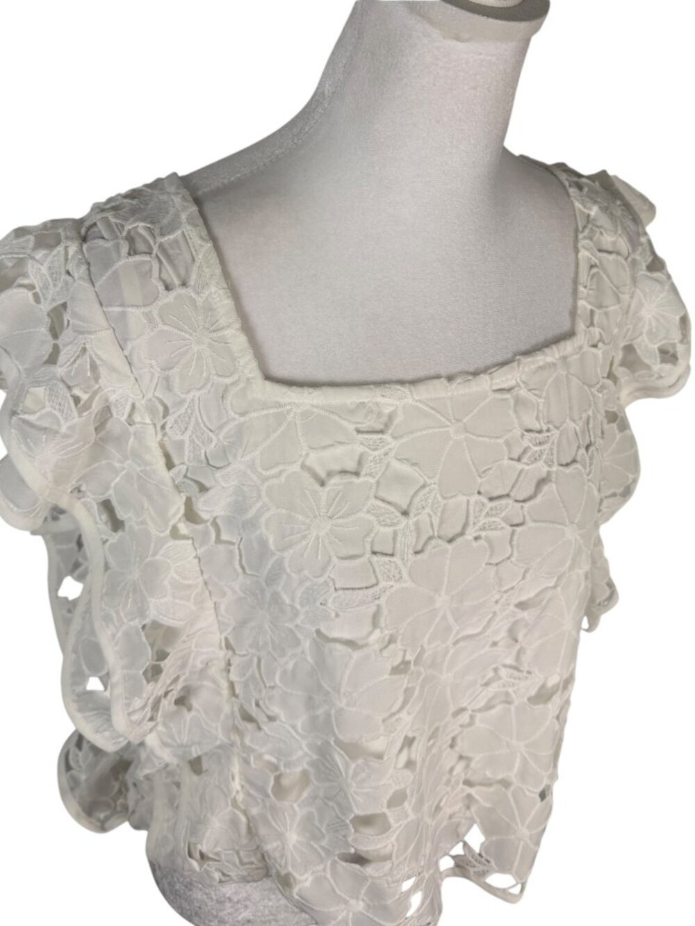 Entro White Floral Lace Blouse Large | 3D Embroidered Flutter Sleeve Top - Picture 3 of 9